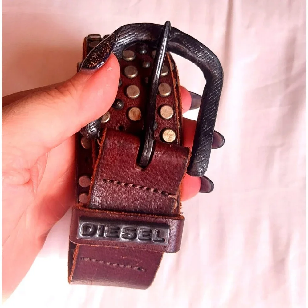DIESEL Y2K Brown Leather Belt Men’s Studded Punk Vintage Biker Punk Sz 42